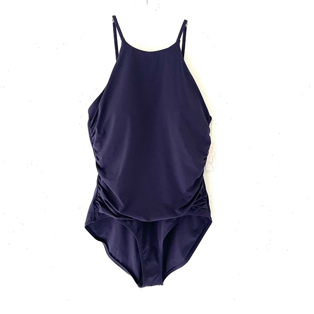 $88 Anne Cole One Piece Swimsuit Navy Blue High Neck Ruched Sides New Size 16